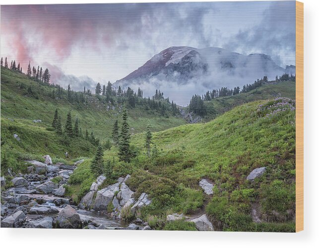 Mount Rainier Wood Print featuring the photograph Mount Rainier and Edith Creek at Sunset by Belinda Greb