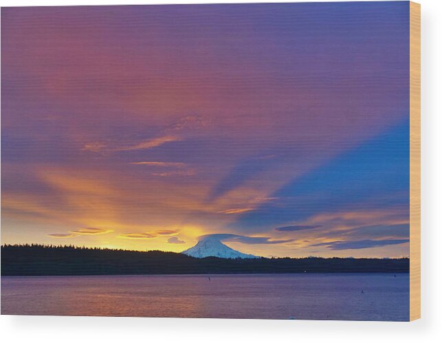 Salmon Bay Wood Print featuring the photograph Mount Rainier Sunrise by Bill TALICH