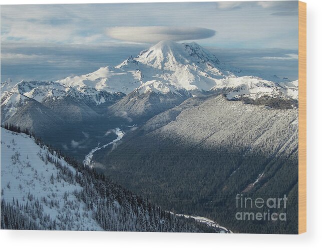 Mount Rainier Wood Print featuring the photograph Mount Rainier with Lenticular Cloud and White River Valley by Nancy Gleason