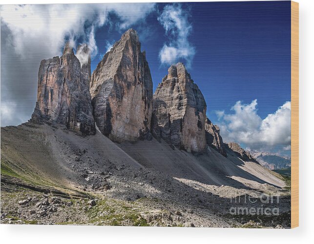 Alpine Wood Print featuring the photograph Mountain Formation Tre Cime Di Lavaredo In The Dolomites Of South Tirol In Italy by Andreas Berthold