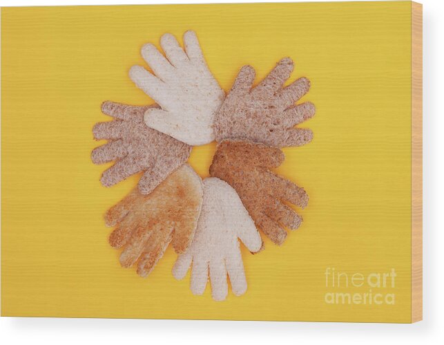 Hands Wood Print featuring the photograph Multicultural hands circle concept made from bread by Simon Bratt