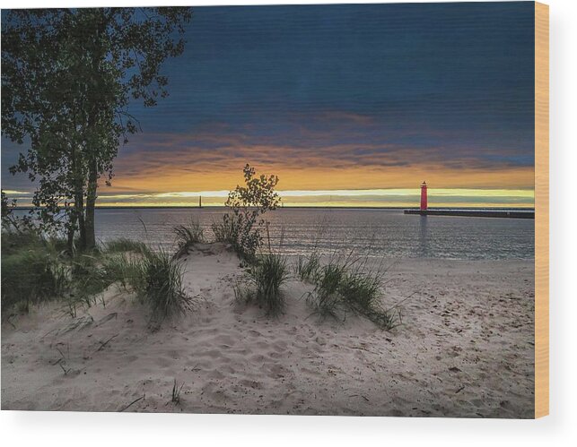  Wood Print featuring the photograph Muskegon Beach and Lighthouse Sunset IMG_5857 by Michael Thomas