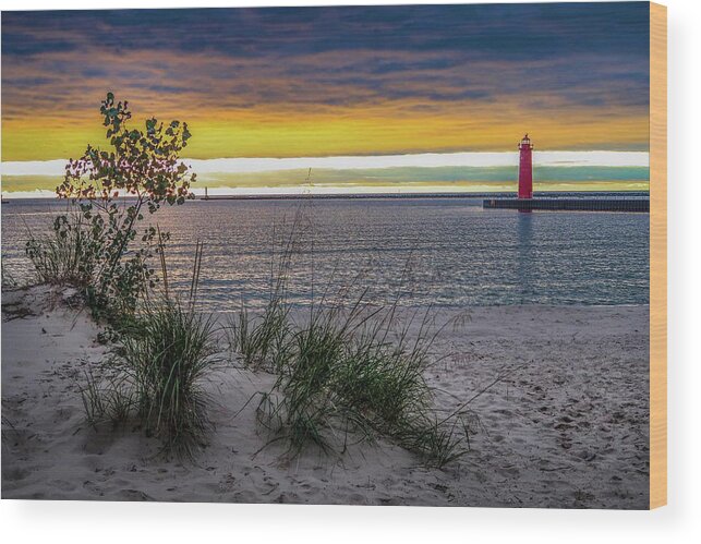  Wood Print featuring the photograph Muskegon Lighthouse Sunset IMG_5862 by Michael Thomas
