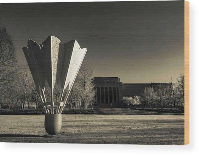 Infrared Shuttlecock Wood Print featuring the photograph Nelson Atkins Museum Shuttlecock Sepia Landscape by Gregory Ballos