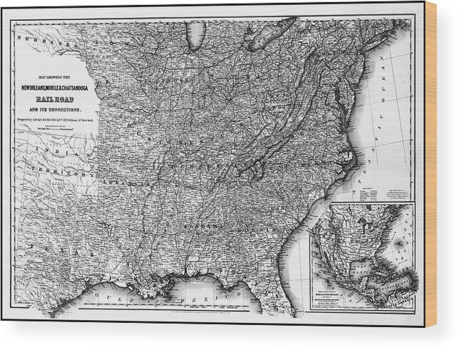 Louisiana Map Wood Print featuring the photograph New Orleans Mobile and Chattanooga Railroad Vintage Map 1865 Black and White by Carol Japp