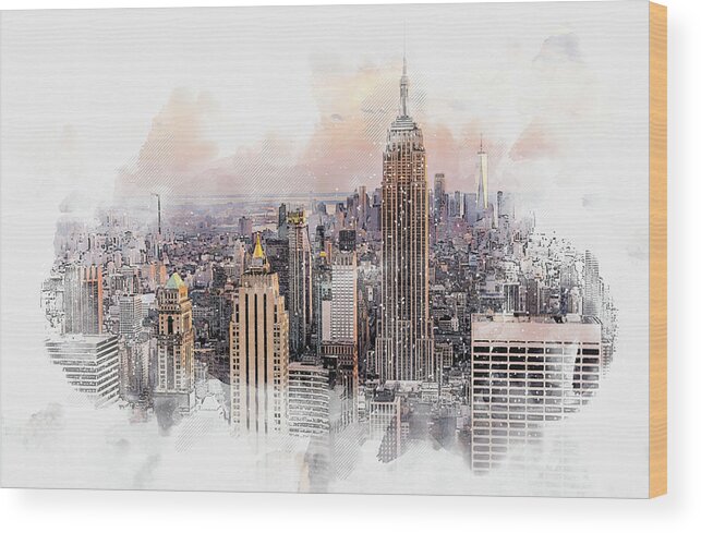 Watercolor Wood Print featuring the digital art New York City skyline with skyscrapers, watercolor drawing by Maria Kray