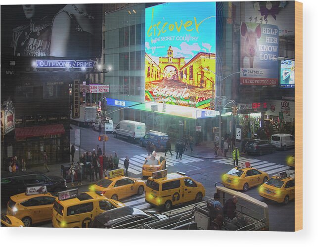 Times Square Wood Print featuring the photograph New York City Taxis in Times Square by Mark Andrew Thomas