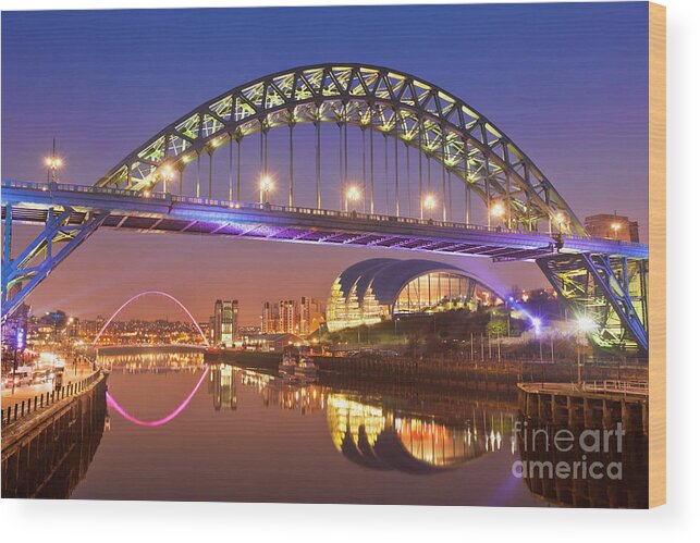Newcastle Wood Print featuring the photograph Newcastle upon Tyne skyline, Tyne Bridge, England by Neale And Judith Clark