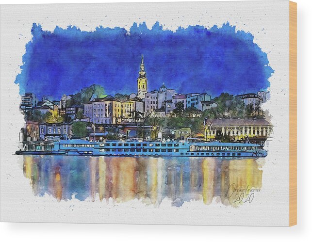 Mixed Wood Print featuring the painting Night in Belgrade by Dreamframer Art