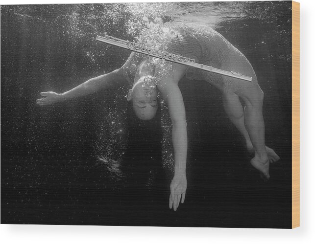 Flute Wood Print featuring the photograph Nina in pool with flute 239 by Dan Friend
