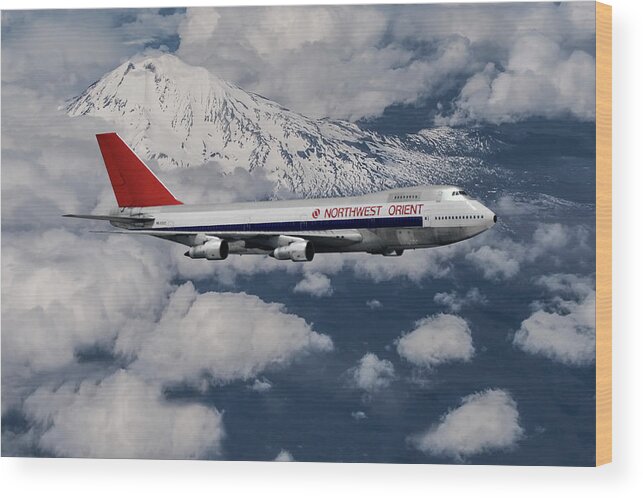 Northwest Orient Airlines Wood Print featuring the mixed media Northwest Orient Airlines Boeing 747 and Mt. Rainier by Erik Simonsen