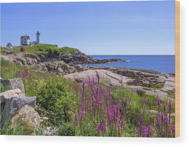 Maine Wood Print featuring the photograph Nubble Light Flowers by Chris Whiton