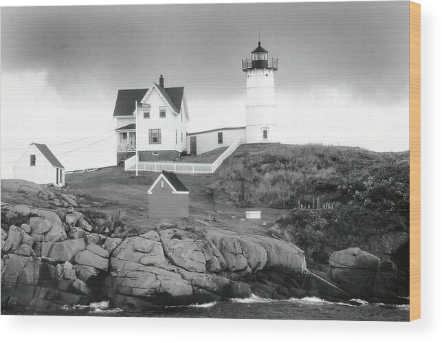 Maine Wood Print featuring the photograph Nubble Light, Maine in Monochrome by Jerry Griffin