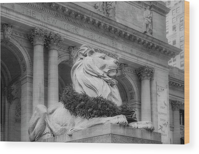 New York Public Library Wood Print featuring the photograph NYPL Patience Lion BW by Susan Candelario
