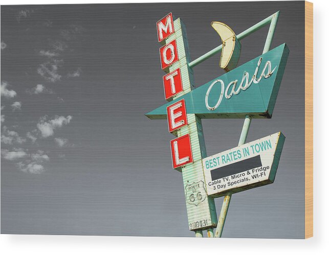 Oasis Motel Wood Print featuring the photograph Oasis Motel Vintage Neon Sign - Route 66 Icon - Tulsa Oklahoma by Gregory Ballos
