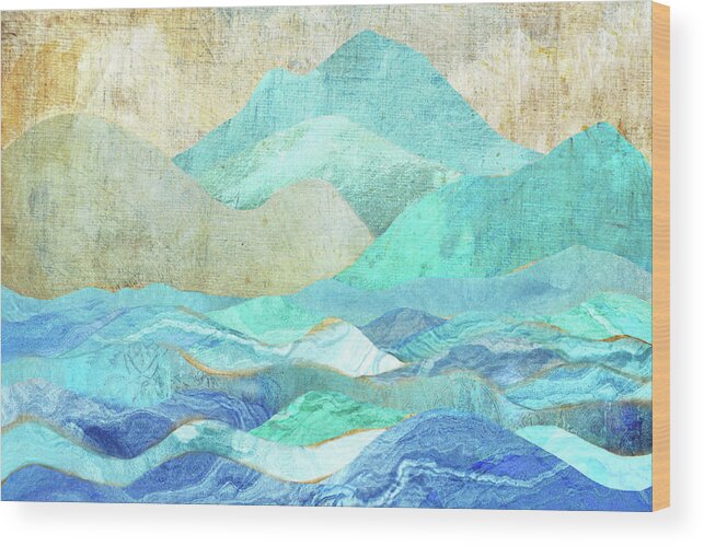 Abstract Landscape Wood Print featuring the digital art Ocean Blue and Mountains Too by Peggy Collins