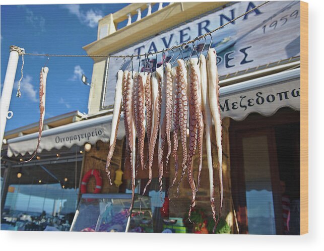 Fishing Wood Print featuring the photograph Octopus at the Taverna by Sean Hannon