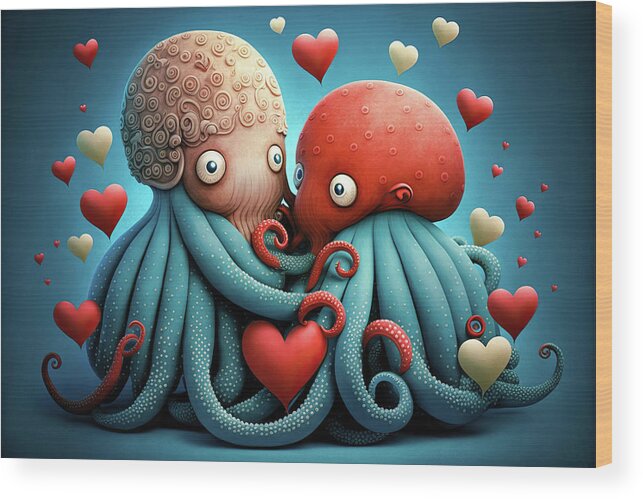 Octopus Wood Print featuring the digital art Octopus Love 02 Cute Animals by Matthias Hauser