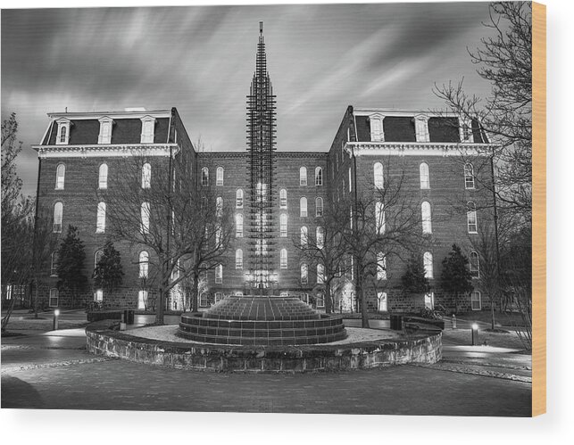 Old Main Print Wood Print featuring the photograph Old Main and Fulbright Peace Fountain - University of Arkansas Monochrome by Gregory Ballos