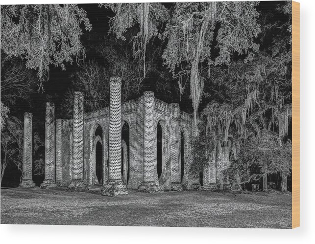 B&w Wood Print featuring the photograph Old Sheldon Church At Night by Charles Hite