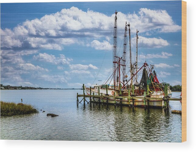 Boats Wood Print featuring the photograph Old Shrimp Boats in the Harbor by Debra and Dave Vanderlaan