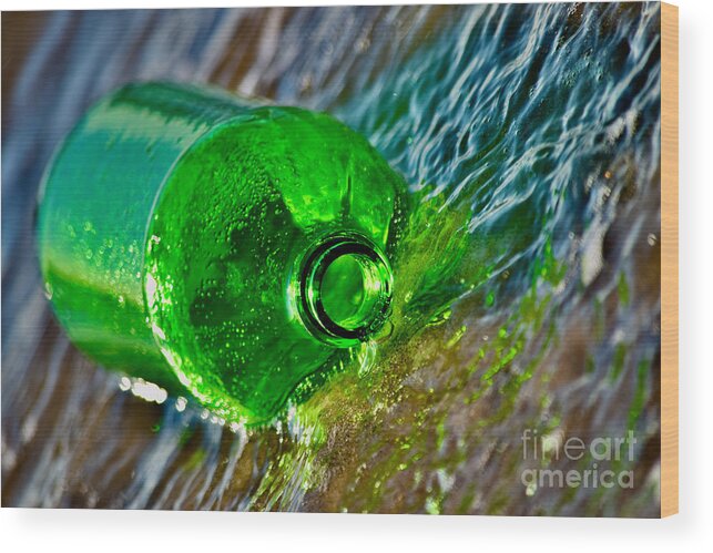 Green Wood Print featuring the photograph One Green Bottle Rolling with the Tide by Debra Banks