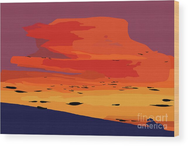 Abstract-sunset Wood Print featuring the digital art Orange Hillside Sunset by Kirt Tisdale