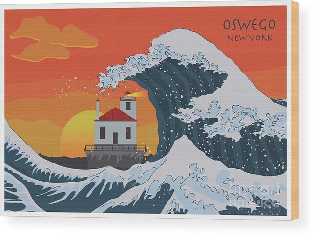 Digital Wood Print featuring the digital art Oswego Lighthouse Waves by Bailey Maier