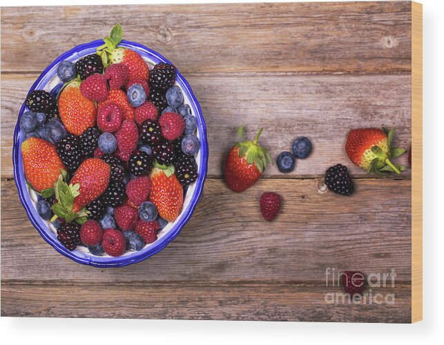 Background Wood Print featuring the photograph Overhead view of summer fruits in a bowl by Jane Rix