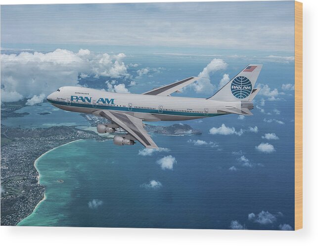 Boeing 747 Wood Print featuring the mixed media Pan American Flying to Hawaii by Erik Simonsen