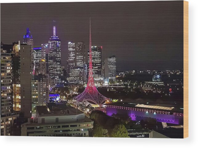 Night Panorama Of The City Of Melbourne In Australia Wood Print featuring the photograph Panorama of Melbourne by Andre Petrov