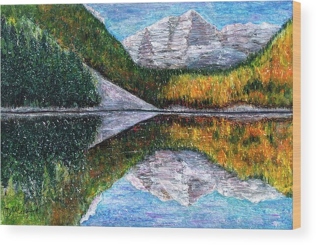 Olena Art Wood Print featuring the painting The Maroon Bells Peaks in the Rocky Mountains in Autumn by OLena Art