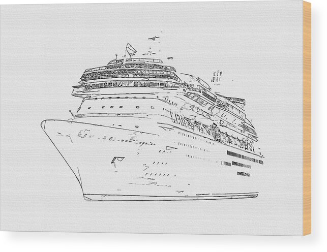 Pencil Wood Print featuring the digital art Pencil drawing of cruise ship isolated on white background, modern ocean liner by Maria Kray