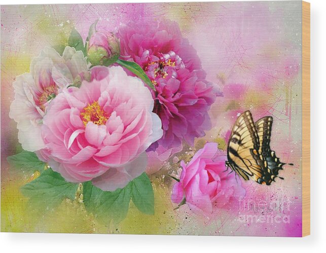 Peony Roses Wood Print featuring the mixed media Peonies and Butterfly by Morag Bates