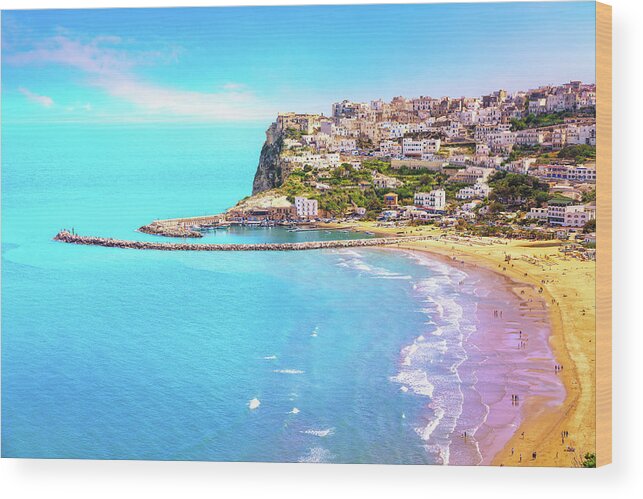 Peschici Wood Print featuring the photograph Peschici village and beach by Stefano Orazzini