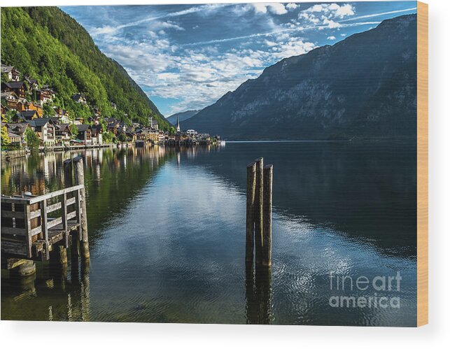 Austria Wood Print featuring the photograph Picturesque Lakeside Town Hallstatt At Lake Hallstaetter See In Austria by Andreas Berthold