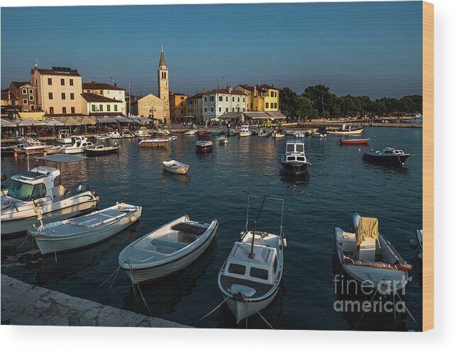 Accommodation Wood Print featuring the photograph Picturesque Village Fazana In Croatia With Old Church And Boats In Harbor by Andreas Berthold