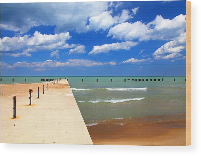 Landscape Wood Print featuring the photograph Pier Blue Sky Clouds Lake North Avenue Beach by Patrick Malon