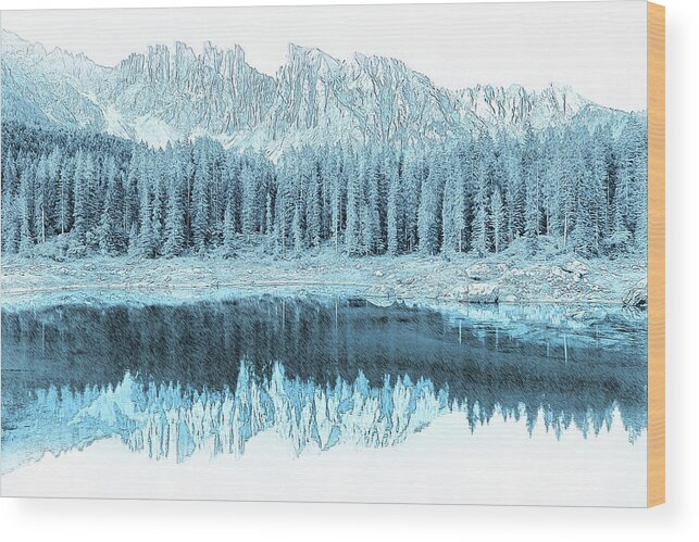 Tranquility Wood Print featuring the mixed media Pine Trees over the Lake by Alex Mir