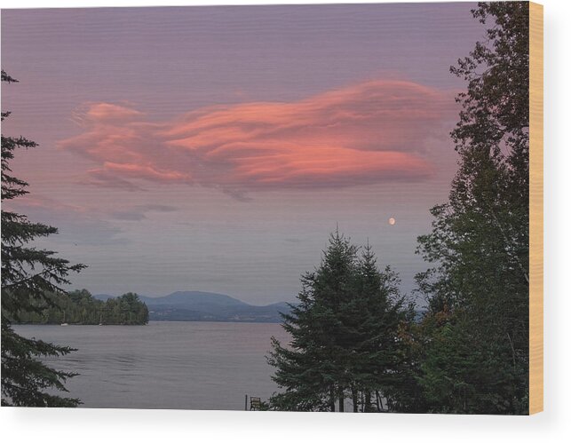 Pink Wood Print featuring the photograph Pink Clouds with Moon Over Lake by Russel Considine