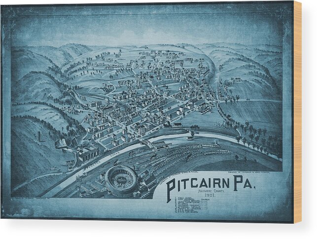 Pitcairn Wood Print featuring the photograph Pitcairn Pennsylvania Vintage Map Birds Eye View 1901 Blue by Carol Japp