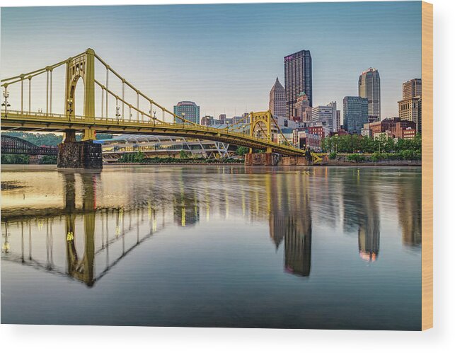 Pittsburgh Skyline Wood Print featuring the photograph Pittsburgh Skyline Reflections And Carson Bridge At Sunrise by Gregory Ballos