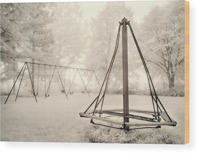 Swingset Wood Print featuring the photograph Playground Memories - swings and witches-hat merry go round at Cooksville WI schoolhouse in infrared by Peter Herman