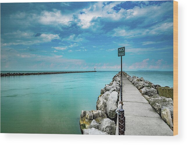 Port Clinton Wood Print featuring the photograph Port Clinton Ohio Waterworks Beach Dock On The Lake Erie by Dave Morgan