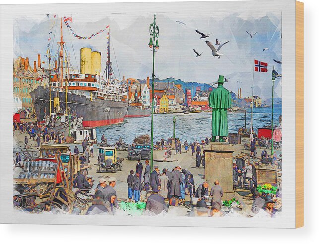 Stavanger Wood Print featuring the digital art Port of Stavanger 1930s by Geir Rosset