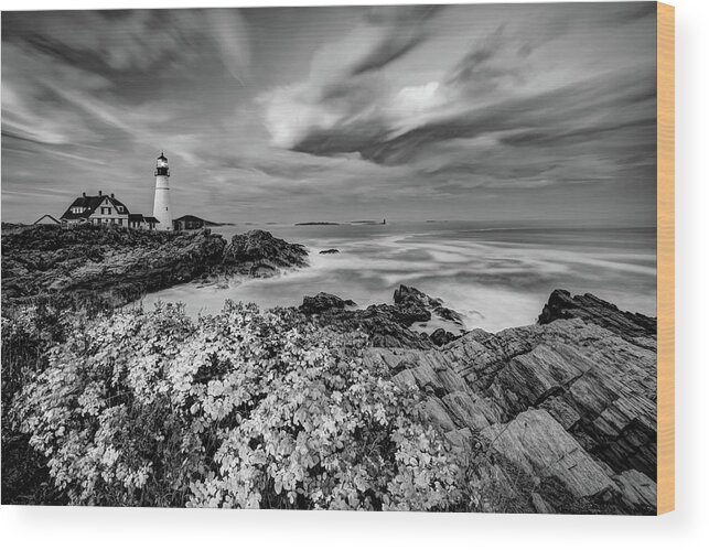 Portland Maine Wood Print featuring the photograph Portland Head Light Infrared Monochrome Sunset - Cape Elizabeth Maine by Gregory Ballos