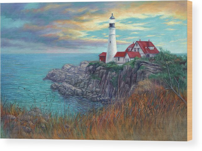 Seascape Wood Print featuring the painting Portland Head Light by Lucie Bilodeau