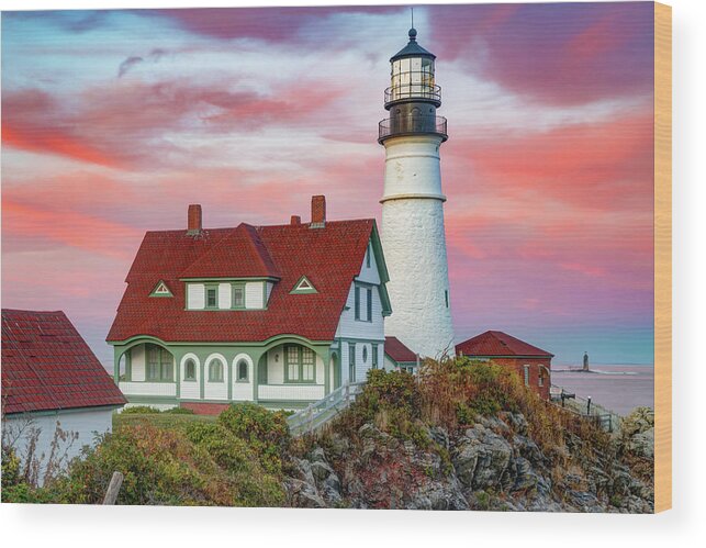 Portland Maine Wood Print featuring the photograph Portland Head Light Sunset at Fort Williams Park - Maine USA by Gregory Ballos