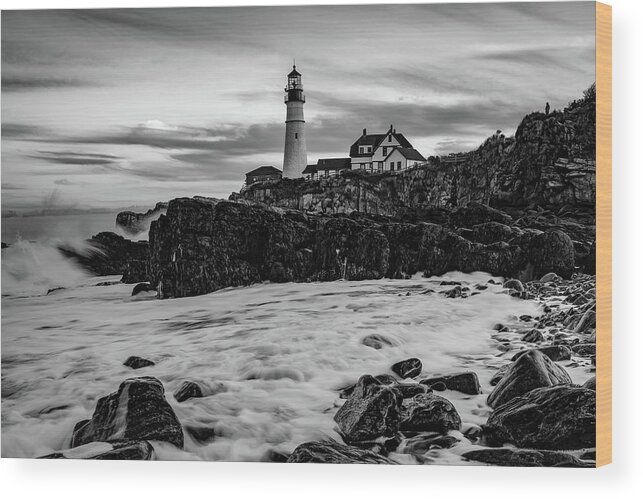 Portland Head Light Wood Print featuring the photograph Portland Head Lighthouse With Crashing Waves - Black and White by Gregory Ballos