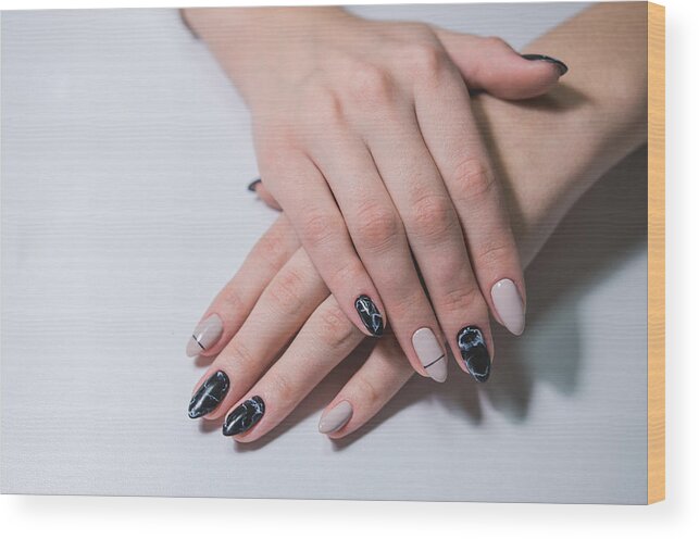 Acrylic Painting Wood Print featuring the photograph Portrait of beautiful nail art. Black and white by Anna Volobueva